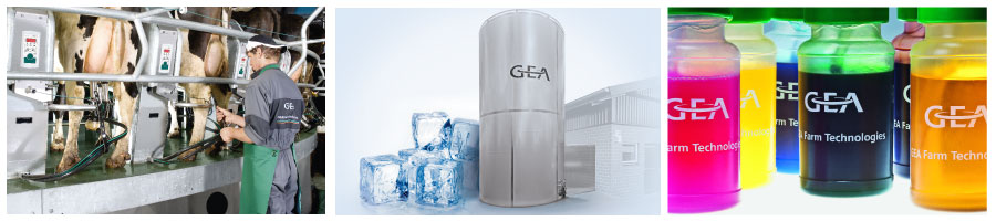 Montage of images of milking parlours, cooling equipment and dairy hygiene products